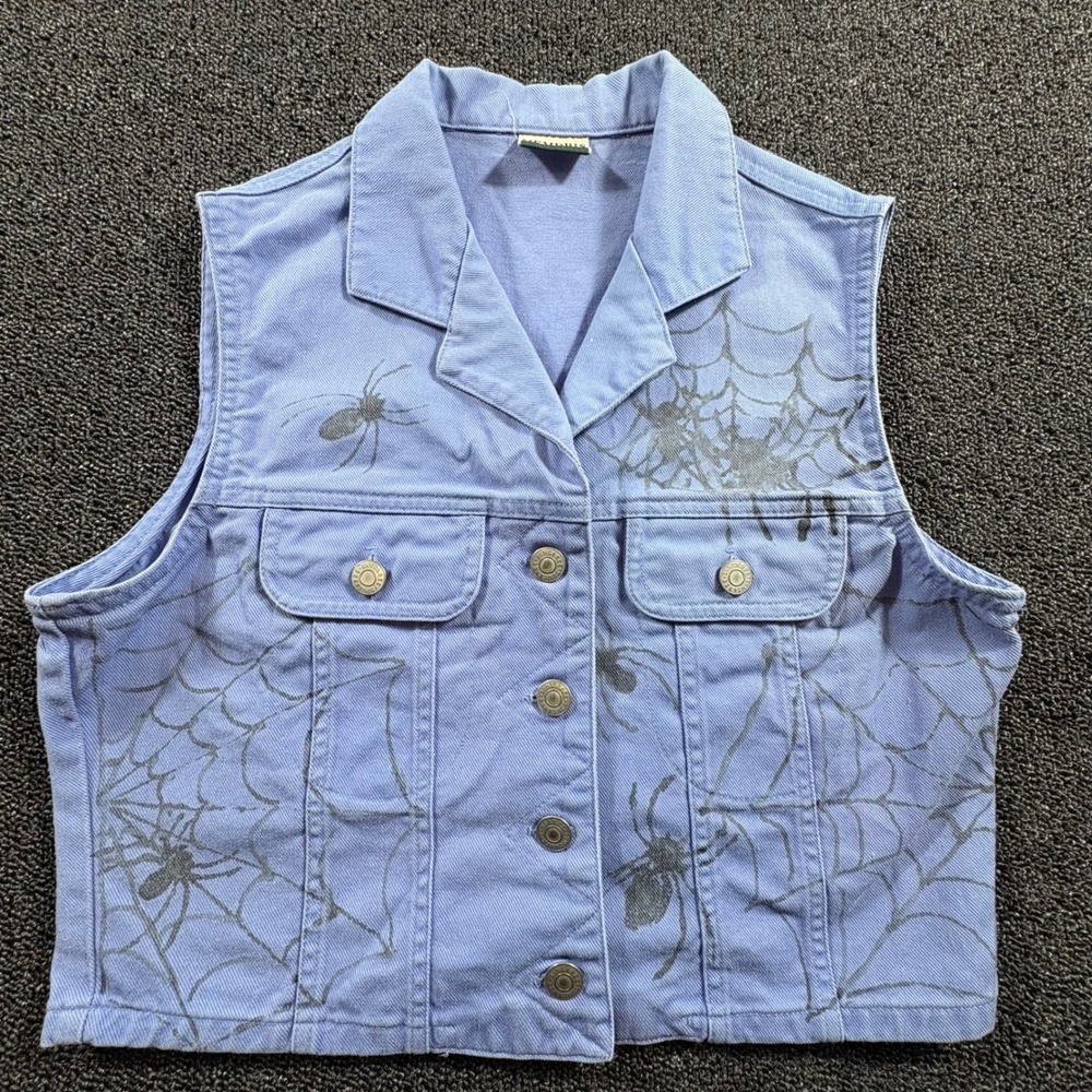 Memphis Cropped Denim Vest Women's S Spider Web Graphic Print Purple Button